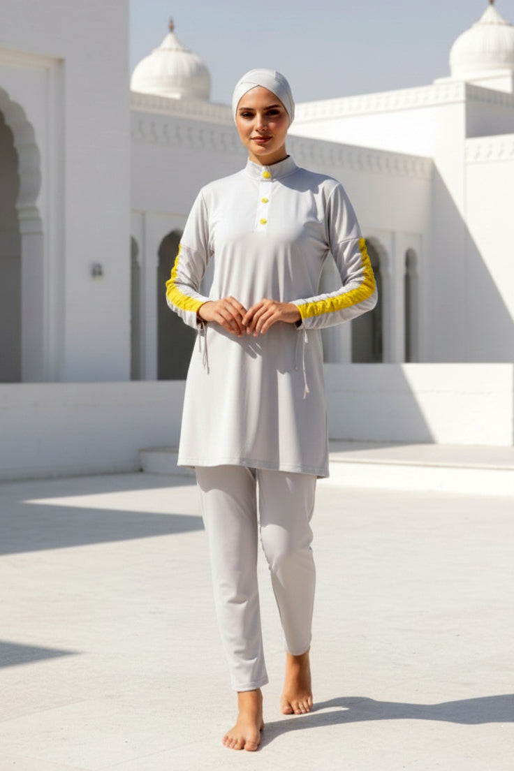 Tam Kapalı Tesettür Mayo Beyaz Likralı 4 Parça Kadın M2118