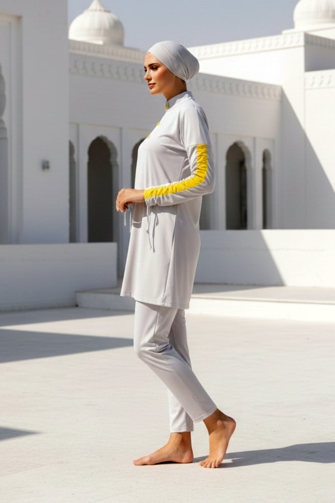 Tam Kapalı Tesettür Mayo Beyaz Likralı 4 Parça Kadın M2118