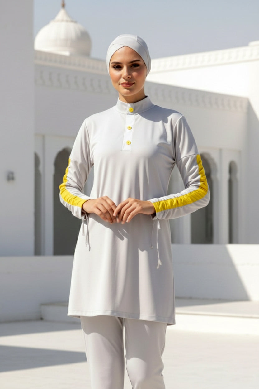 Tam Kapalı Tesettür Mayo Beyaz Likralı 4 Parça Kadın M2118