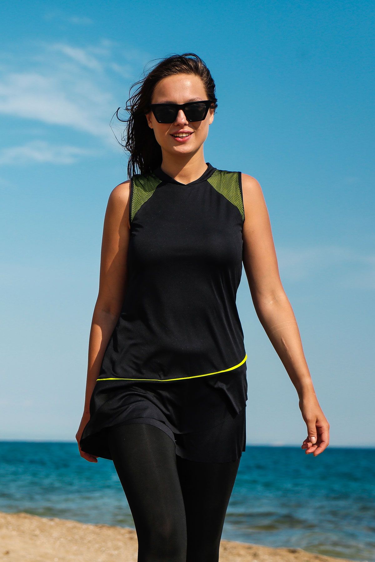 Rivamera 2'li Siyah Sarı Yarı Kapalı  Tesettür Elbise Mayo R2222