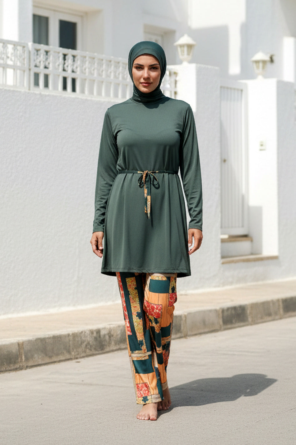 Tam Kapalı Tesettür Mayo 3’lü Set Haki Bel Bağlama Detaylı Su İtici Likralı – M2226 Ürün ana görseli