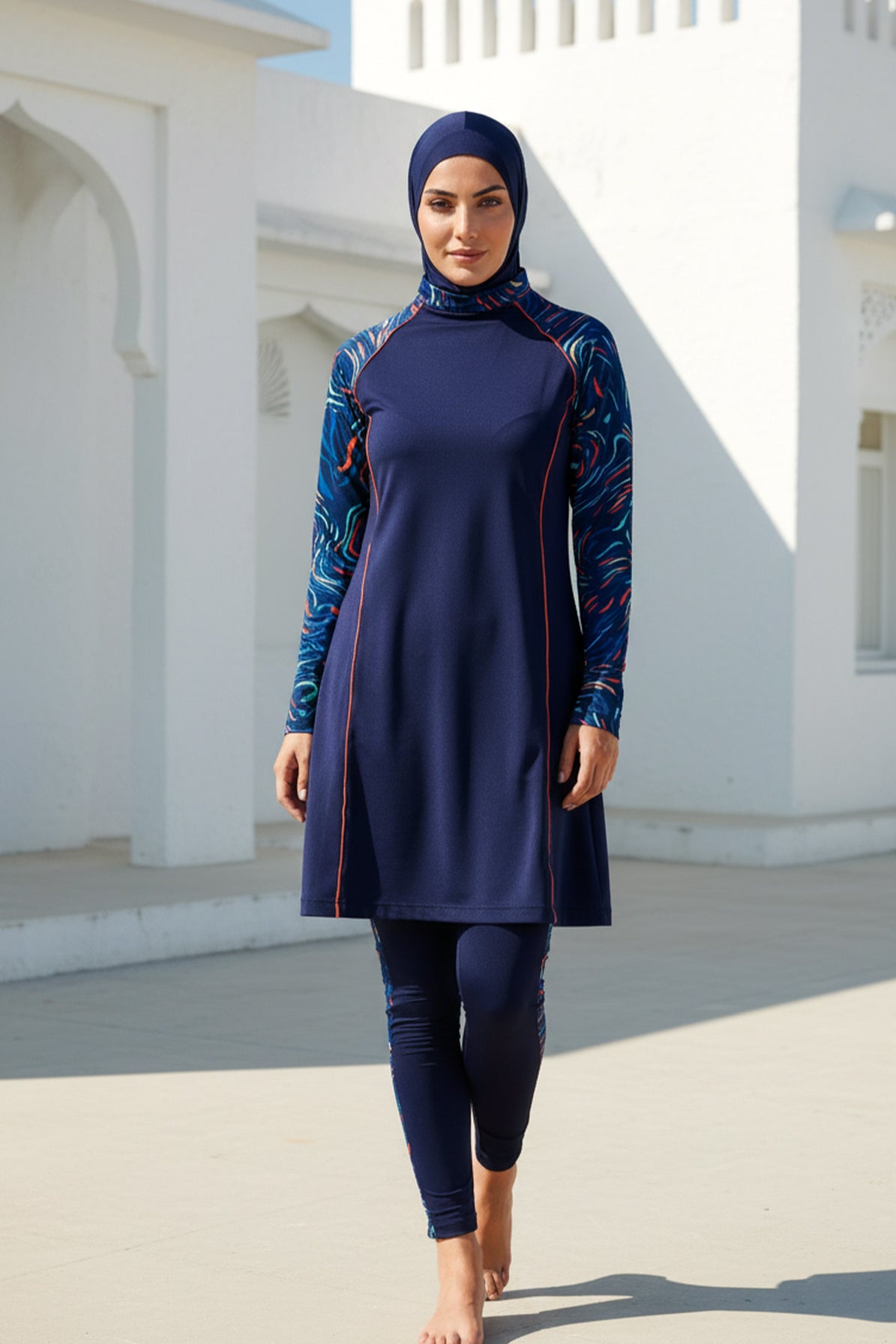 Tam Kapalı Tesettür Mayo 3’lü Set Lacivert Desenli Likralı – M2230