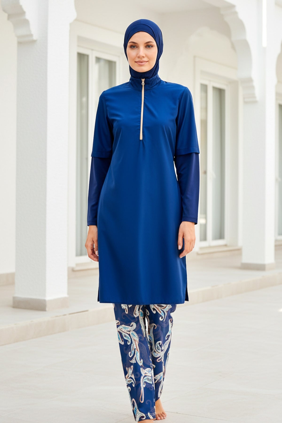 Tam Kapalı Tesettür Mayo 4’lü Set Paraşüt Kumaş Lacivert Yaprak Desenli Su İtici – M2260 Ürün ana görseli