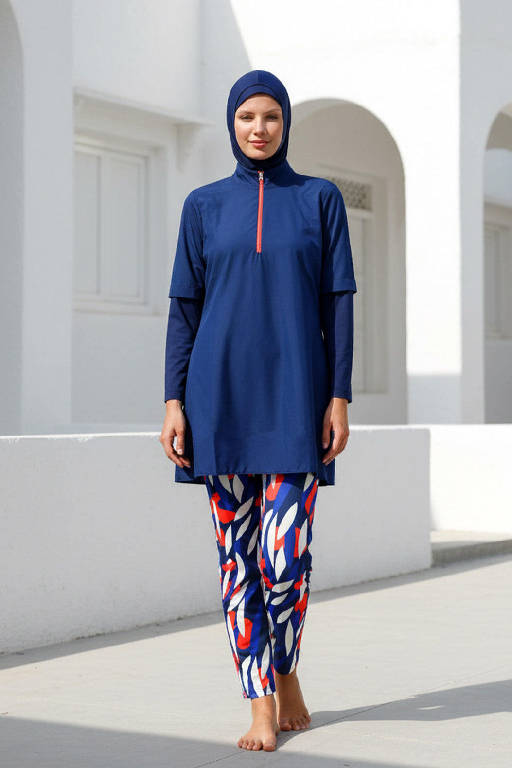 Tam Kapalı Tesettür Mayo 4’lü Set Paraşüt Kumaş Lacivert Desenli Su İtici – M2262