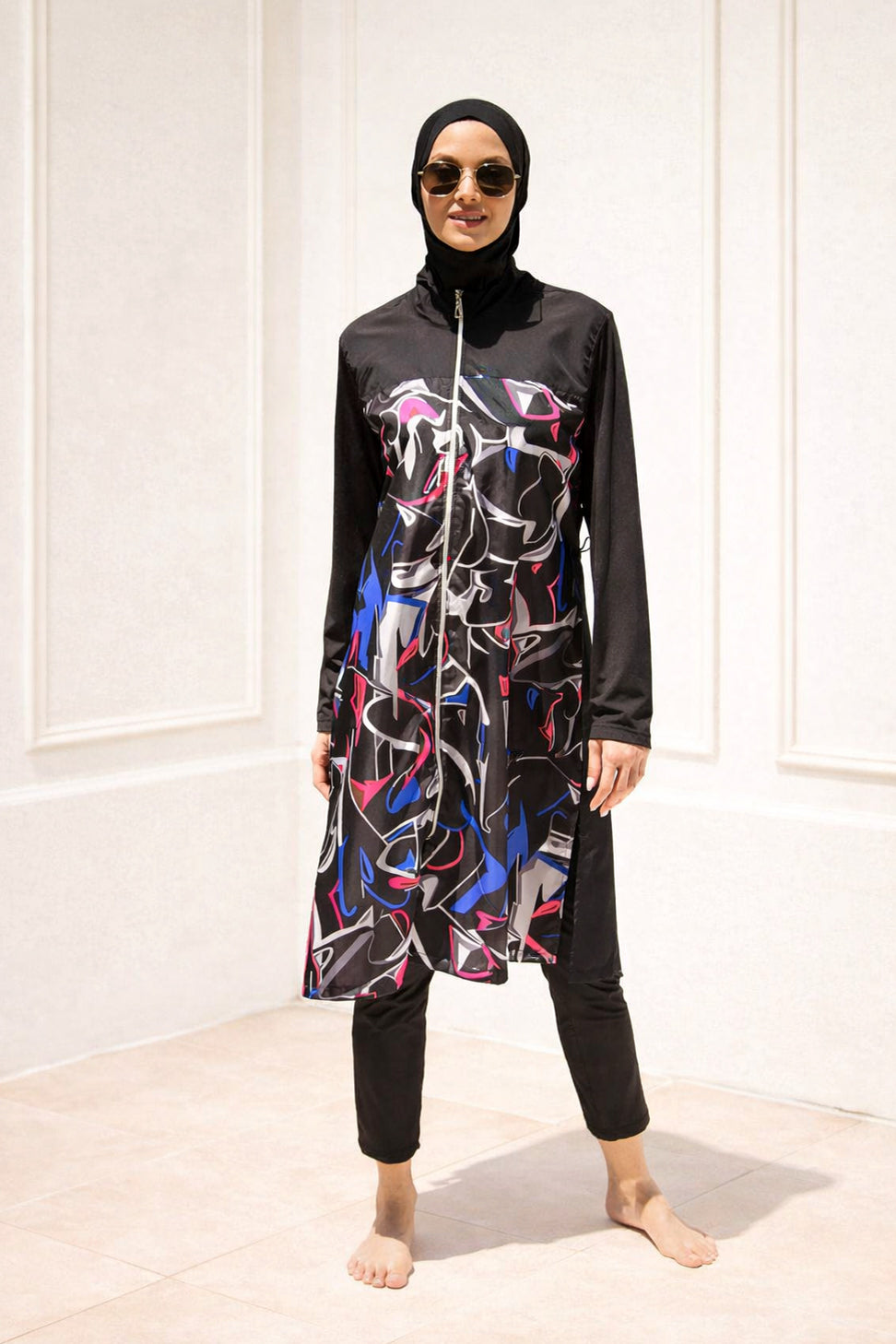 Tam Kapalı Tesettür Mayo 3’lü Set Paraşüt Kumaş Siyah Desenli Su İtici – M2266