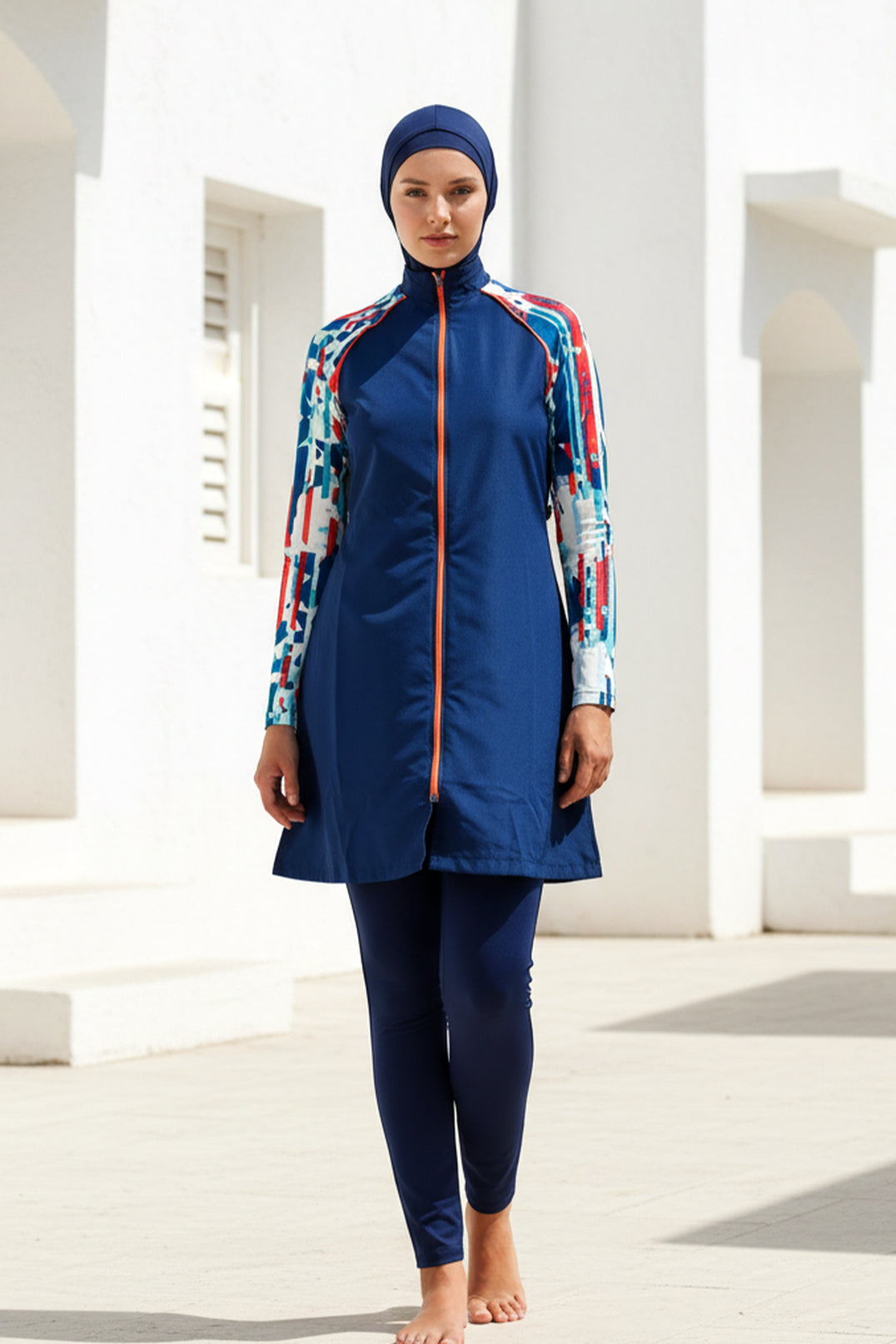 Tam Kapalı Tesettür Mayo 3’lü Set Paraşüt Kumaş Lacivert Desen Detaylı Su İtici – M2267 Ürün ana görseli