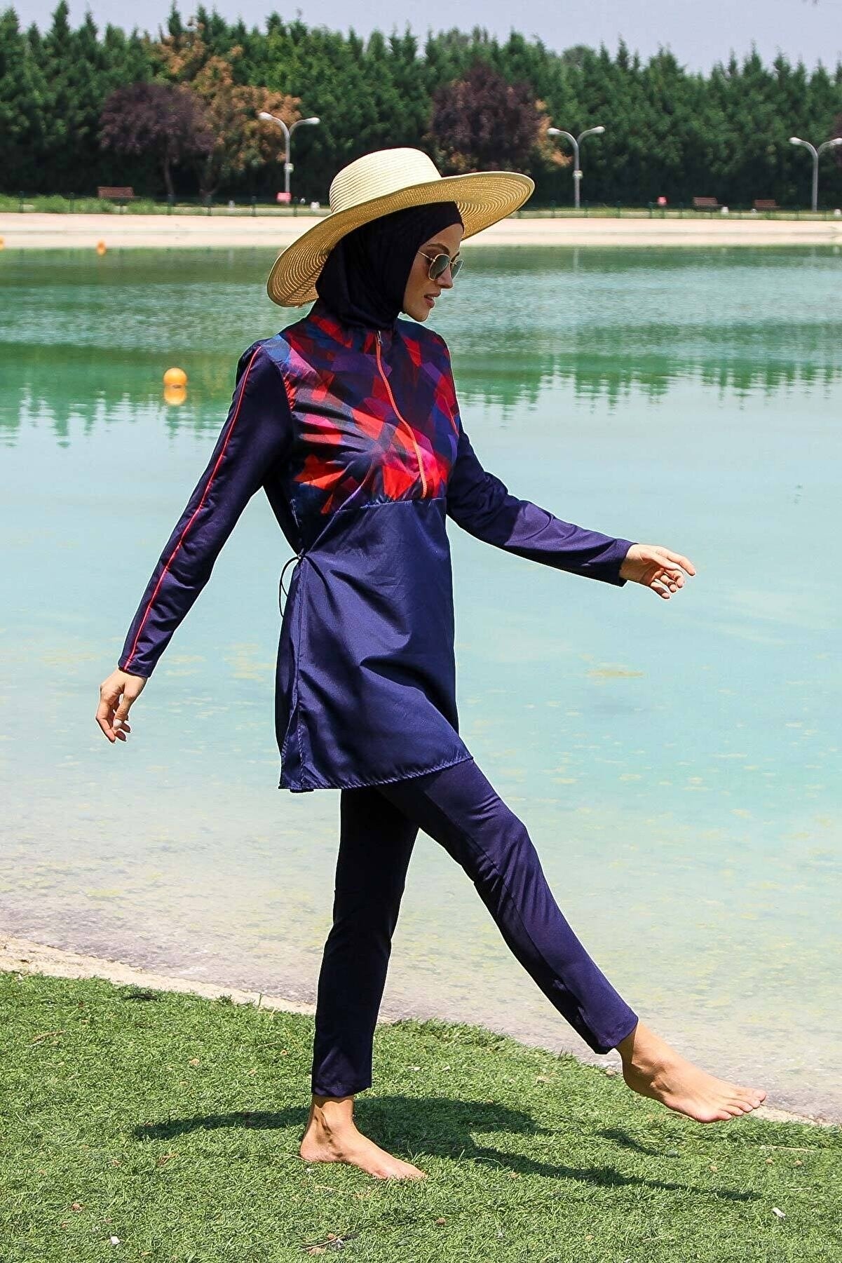 Tam Kapalı Tesettür Mayo 3’lü Set Paraşüt Kumaş Lacivert Desenli Su İtici – M2269