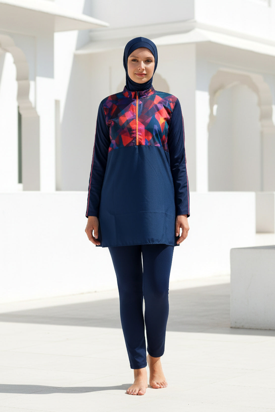 Tam Kapalı Tesettür Mayo 3’lü Set Paraşüt Kumaş Lacivert Desenli Su İtici – M2269