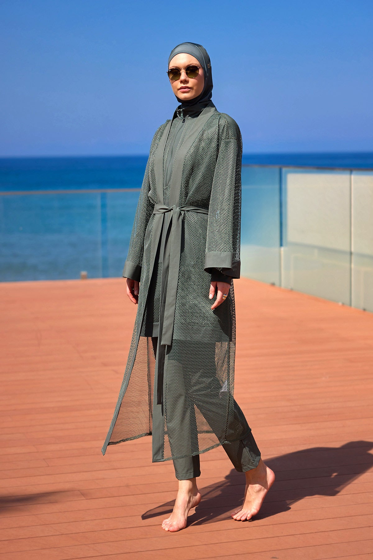 Marina Haki Tül Detaylı Tam Kapalı Tesettür Mayo - M2534-3