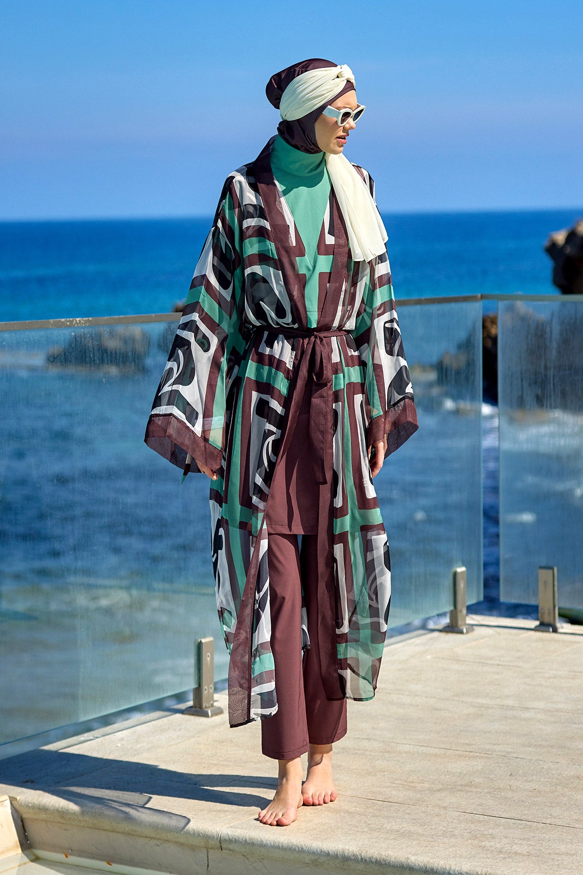 Marina Kahverengi Desenli Özel Tasarım Kimono – P2510