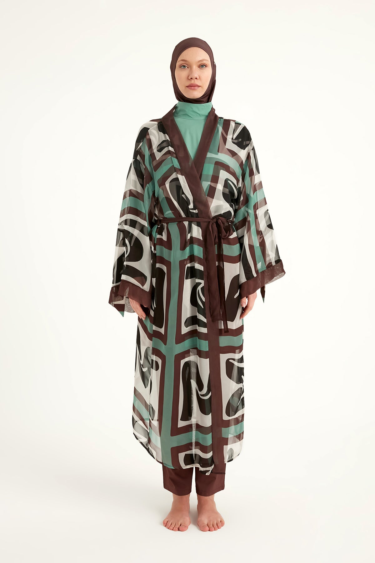 Marina Kahverengi Desenli Özel Tasarım Kimono – P2510