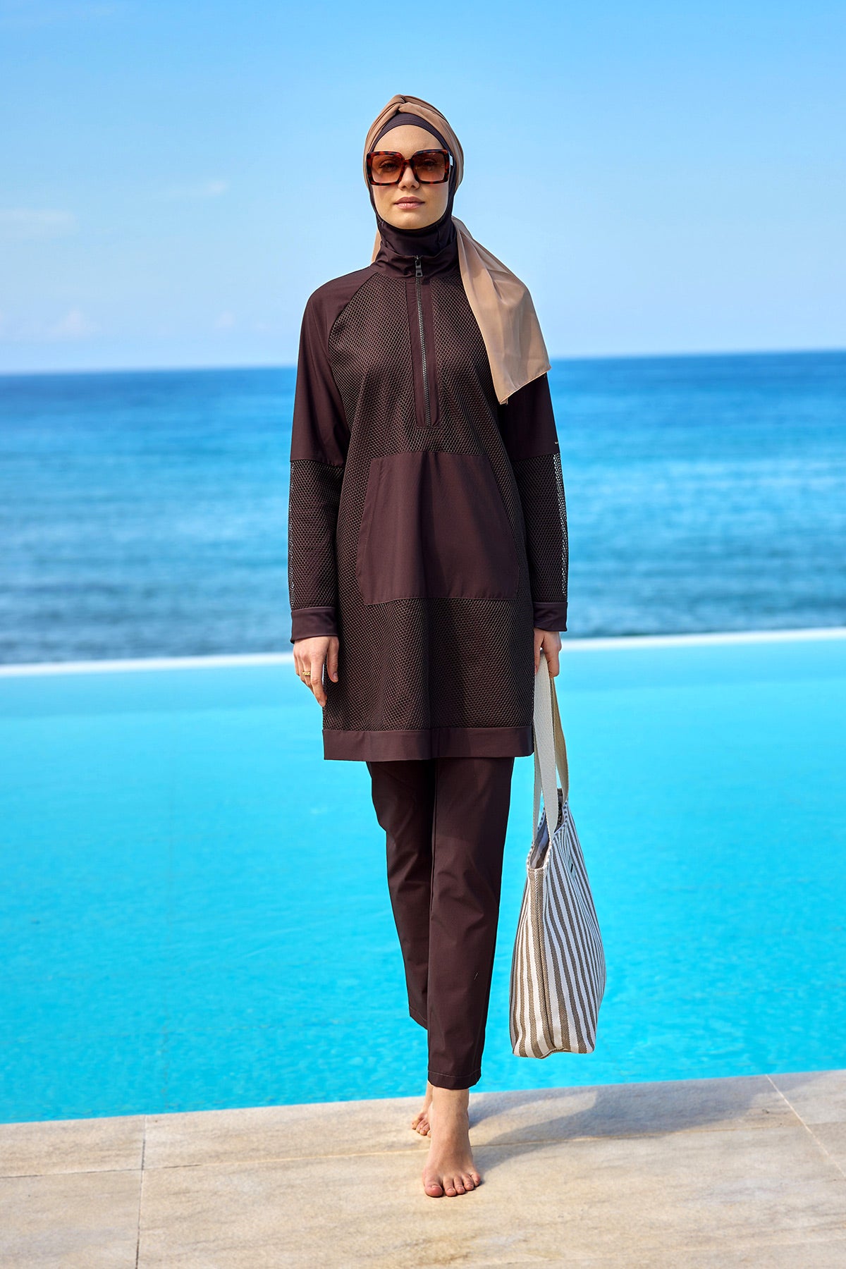 Marina Kahverengi Tül Detaylı Tam Kapalı Tesettür Mayo - M2534-4