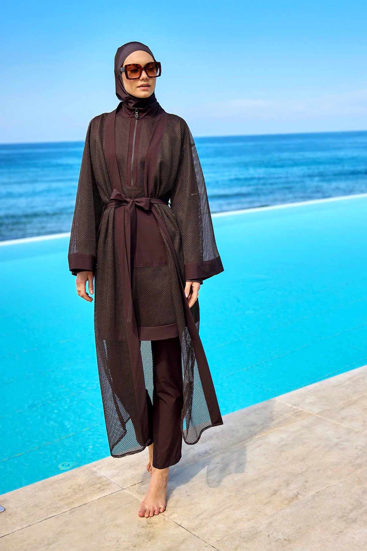 Marina Kahverengi Tül Detaylı Tam Kapalı Tesettür Mayo - M2534-4