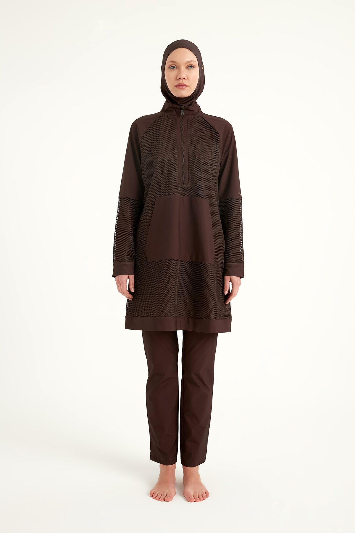 Marina Kahverengi Tül Detaylı Tam Kapalı Tesettür Mayo - M2534-4