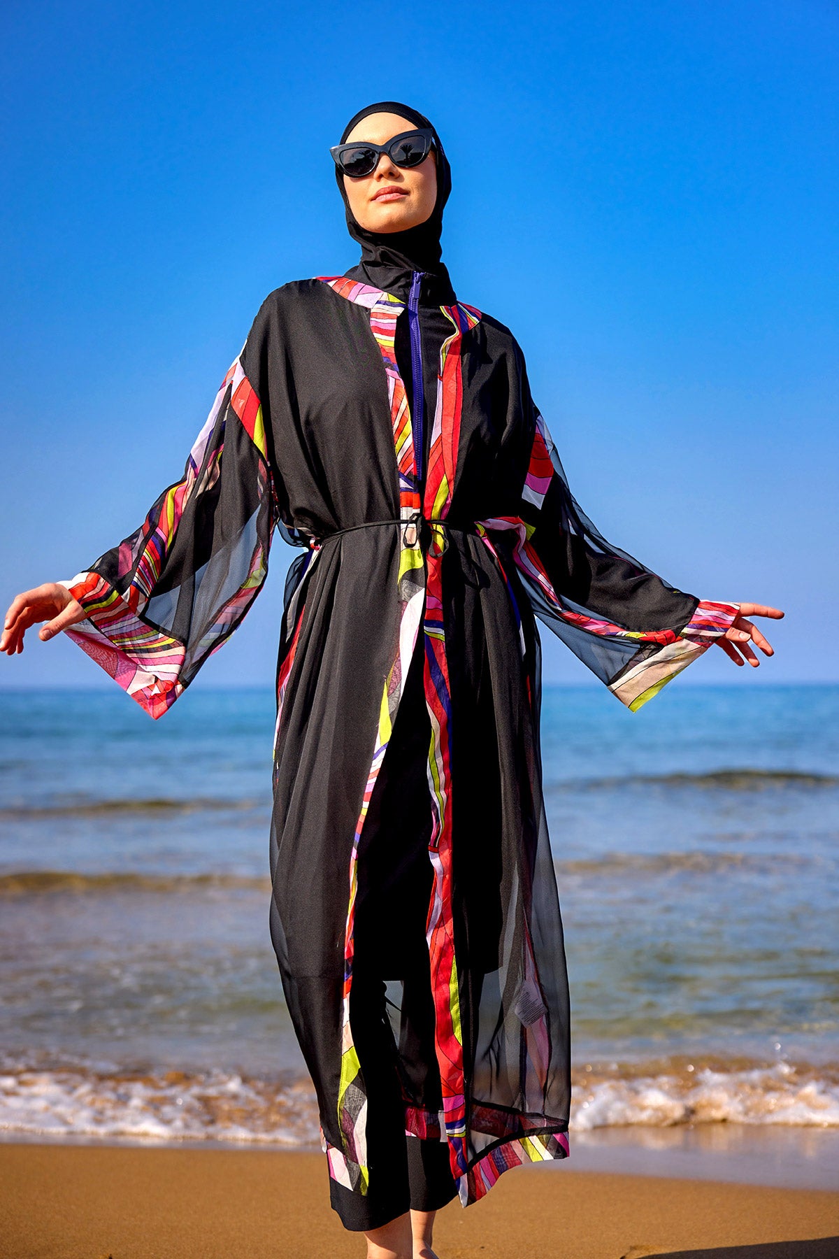 Marina Renkli Desenli İpeksi Kimono - P2514 Ürün ana görseli