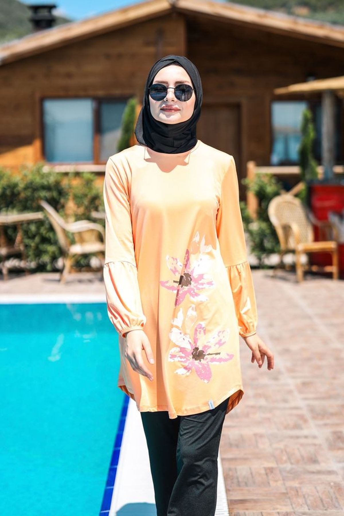 İp Bağlamalı 4'lü Yavruağzı Çiçek Desenli Tam Kapalı Tesettür Mayo M2013 Ürün ikincil görseli