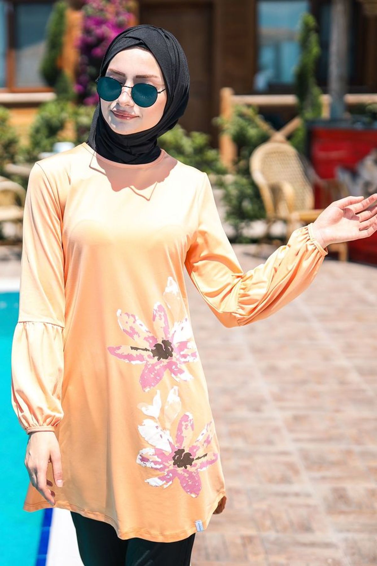 İp Bağlamalı 4'lü Yavruağzı Çiçek Desenli Tam Kapalı Tesettür Mayo M2013