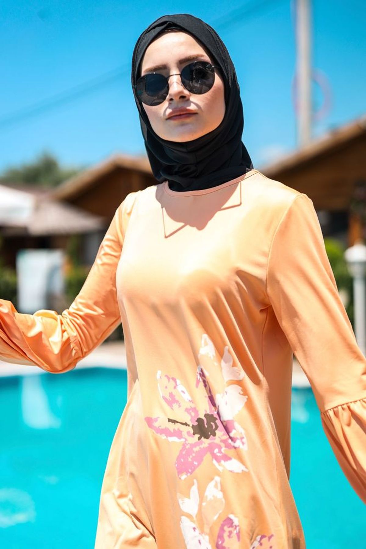 İp Bağlamalı 4'lü Yavruağzı Çiçek Desenli Tam Kapalı Tesettür Mayo M2013