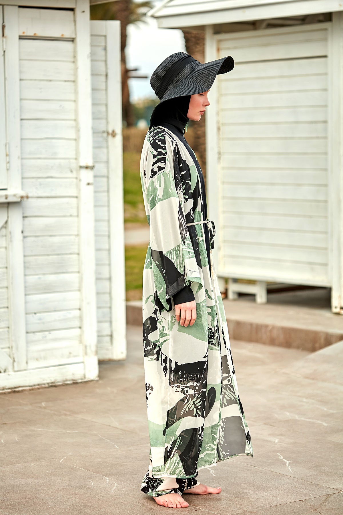 Desenli Haki Şifon Plaj Kimonosu ve Kaftan – P2411