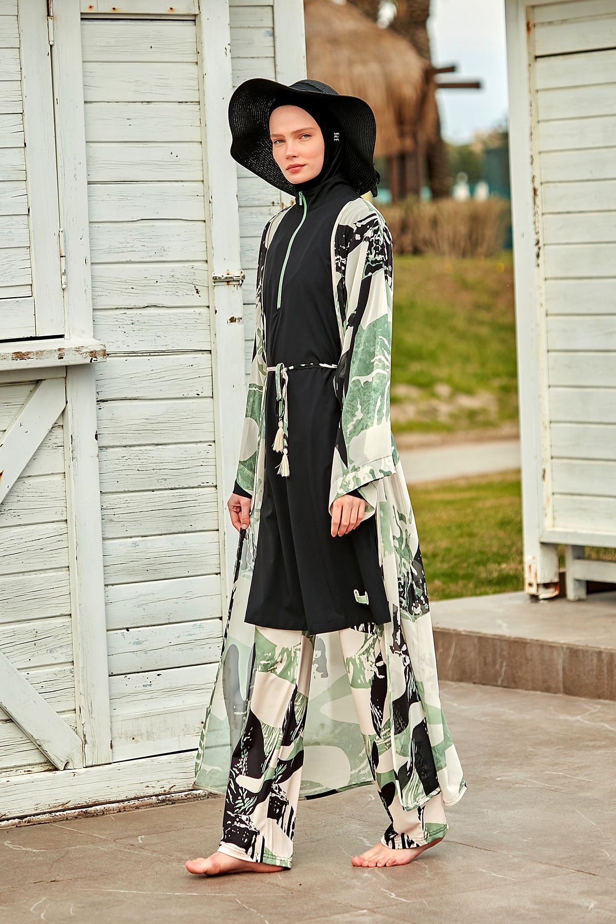 Desenli Haki Şifon Plaj Kimonosu ve Kaftan – P2411 Ürün ana görseli