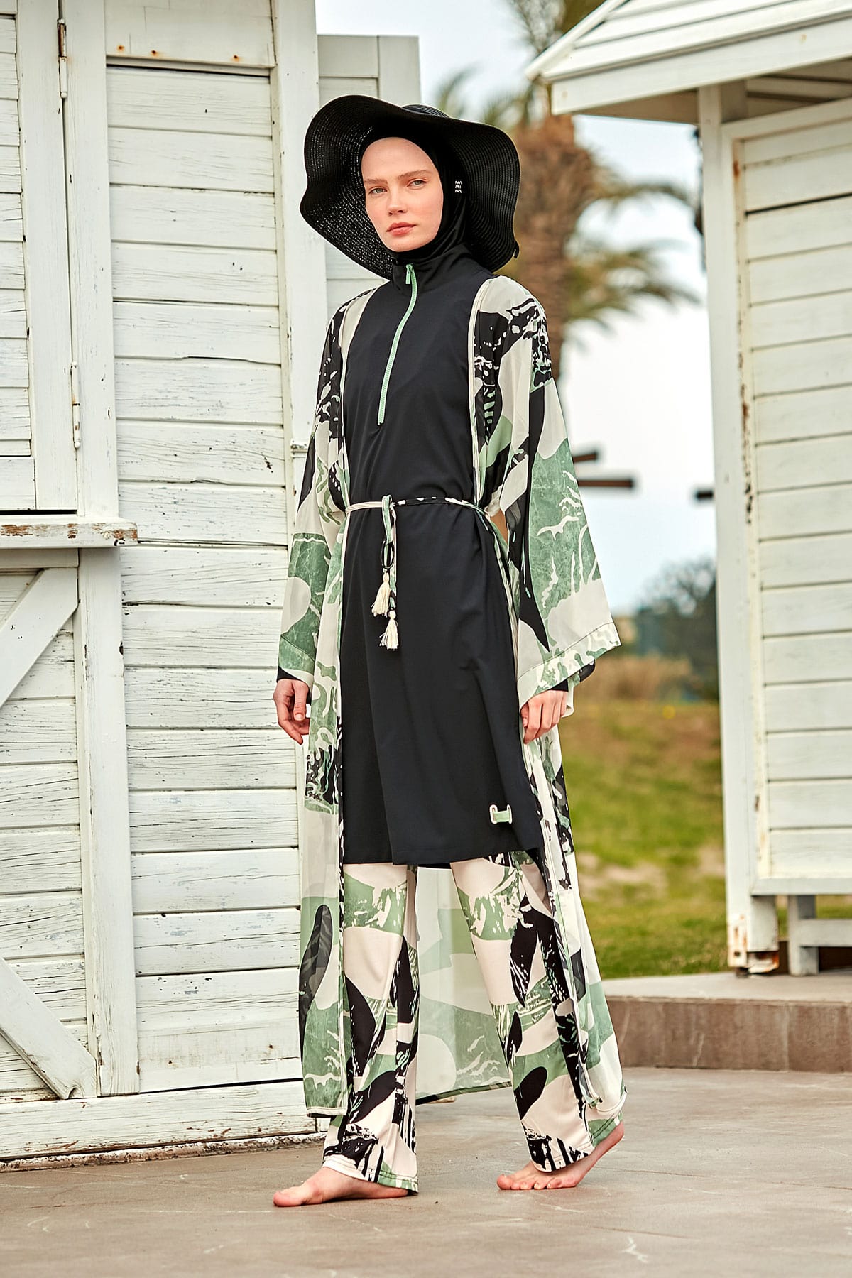 Desenli Haki Şifon Plaj Kimonosu ve Kaftan – P2411