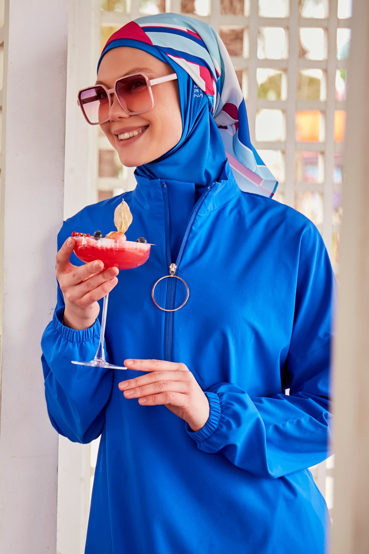 Paraşüt Kumaş Saks Tam Kapalı Tesettür Mayo M2404