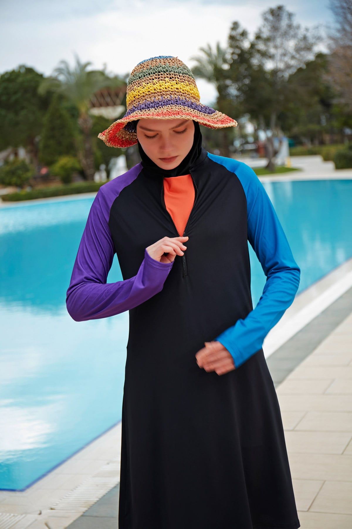 Likralı Siyah Tam Kapalı Tesettür Mayo M2475