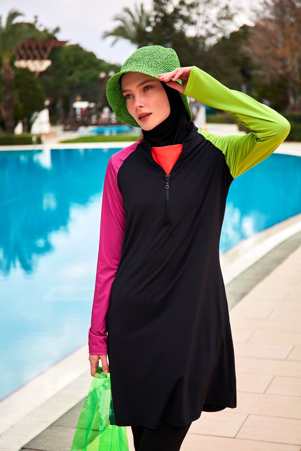 Likralı Siyah Tam Kapalı Tesettür Mayo M2476