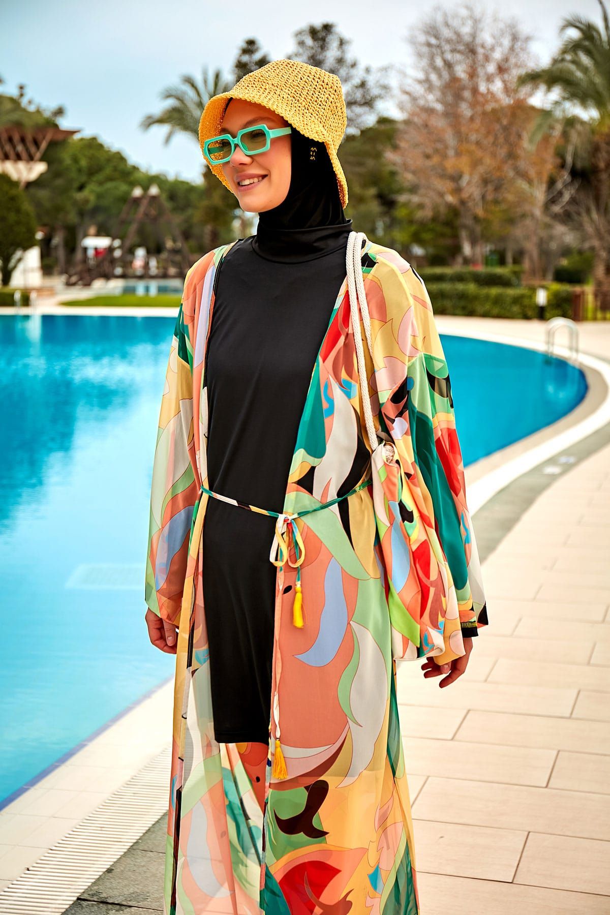 Desenli Turuncu Kimono Kaftan P2404