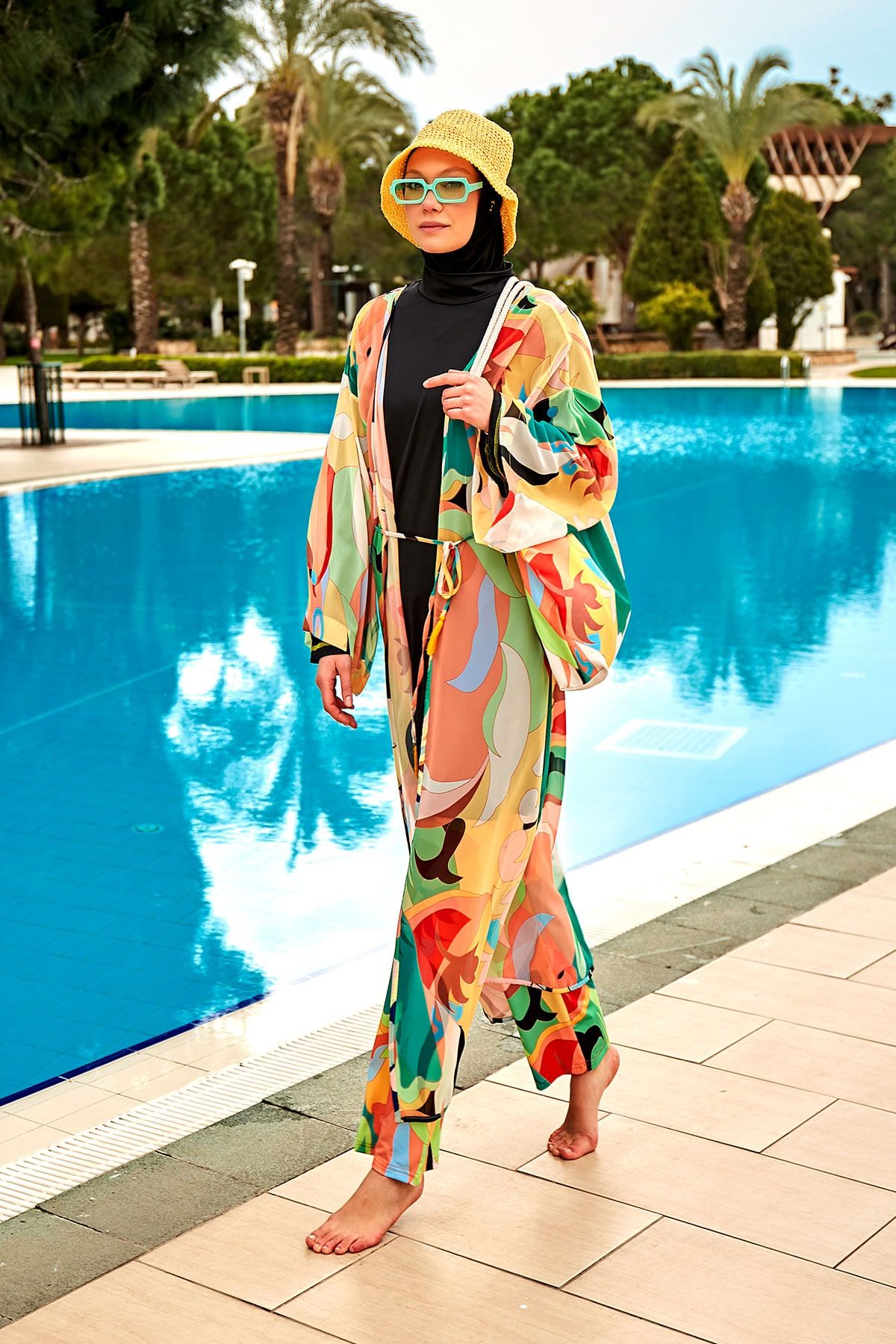 Desenli Turuncu Kimono Kaftan P2404 Ürün ana görseli