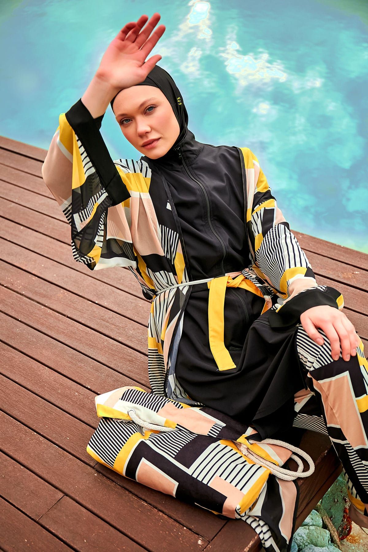 Desenli Siyah Kimono Kaftan P2407