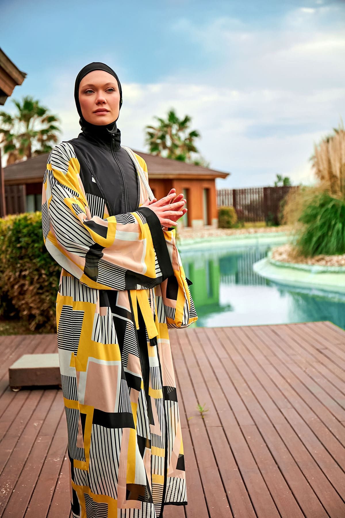 Desenli Siyah Kimono Kaftan P2407