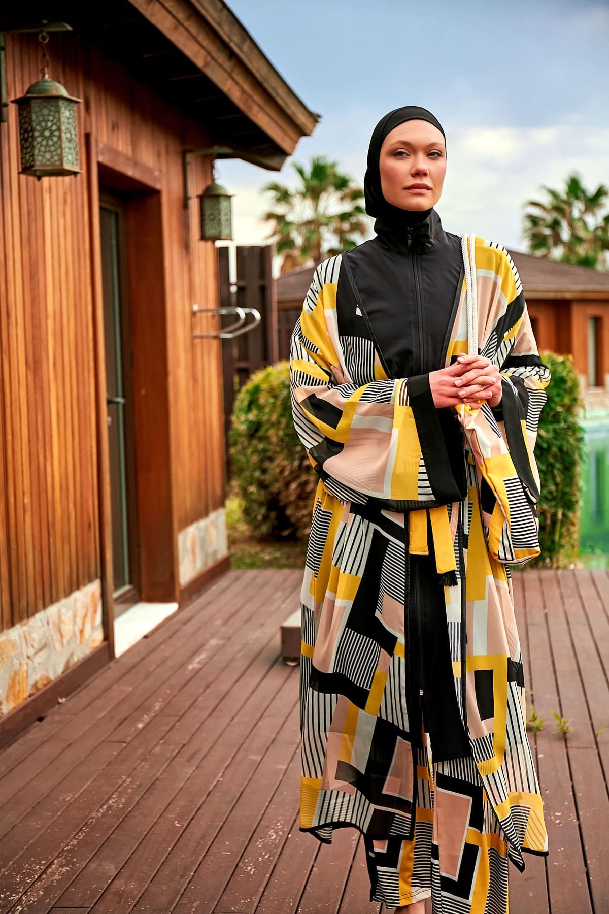 Desenli Siyah Kimono Kaftan P2407