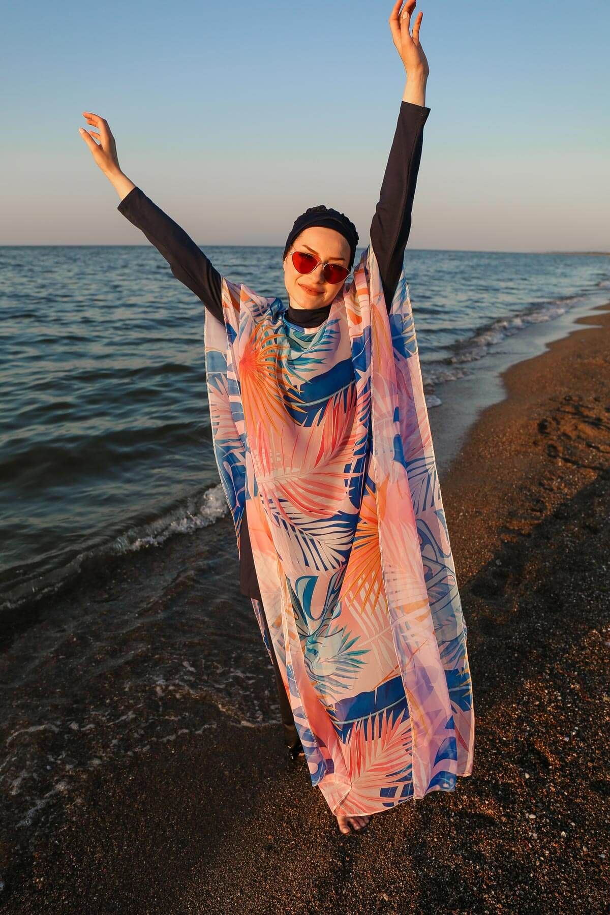 Marina Tesettür Mayo Üzerine Yaprak Desenli Kaftan Kimono Pareo P2109