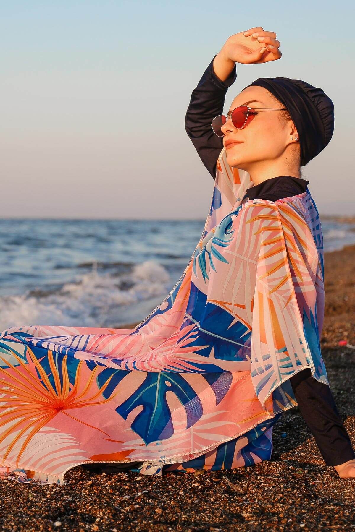 Marina Tesettür Mayo Üzerine Yaprak Desenli Kaftan Kimono Pareo P2109