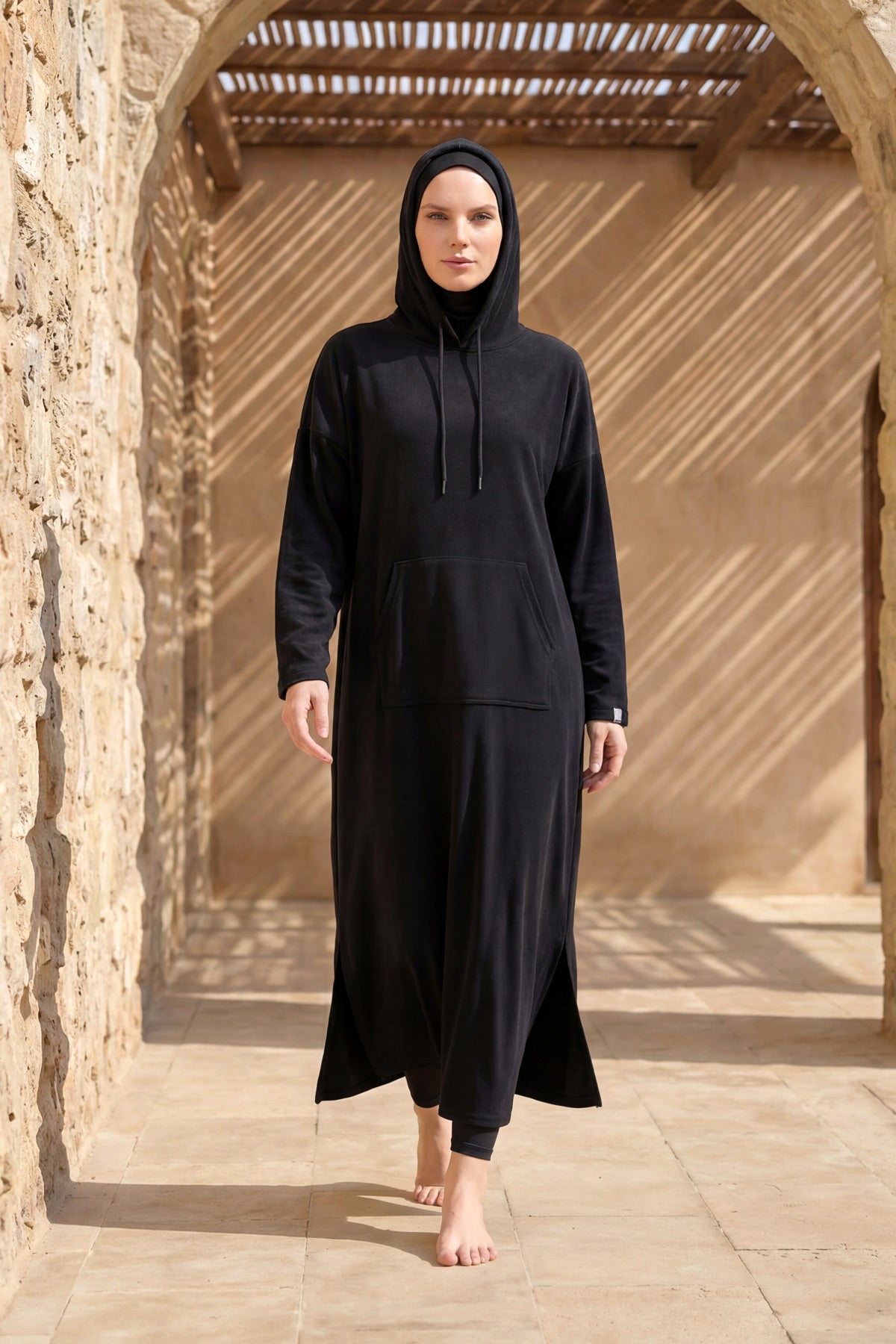 Lacivert Kapüşonlu Havlu Pareo Hızlı Kuruyan, Giyilebilir Tasarım P2602-1