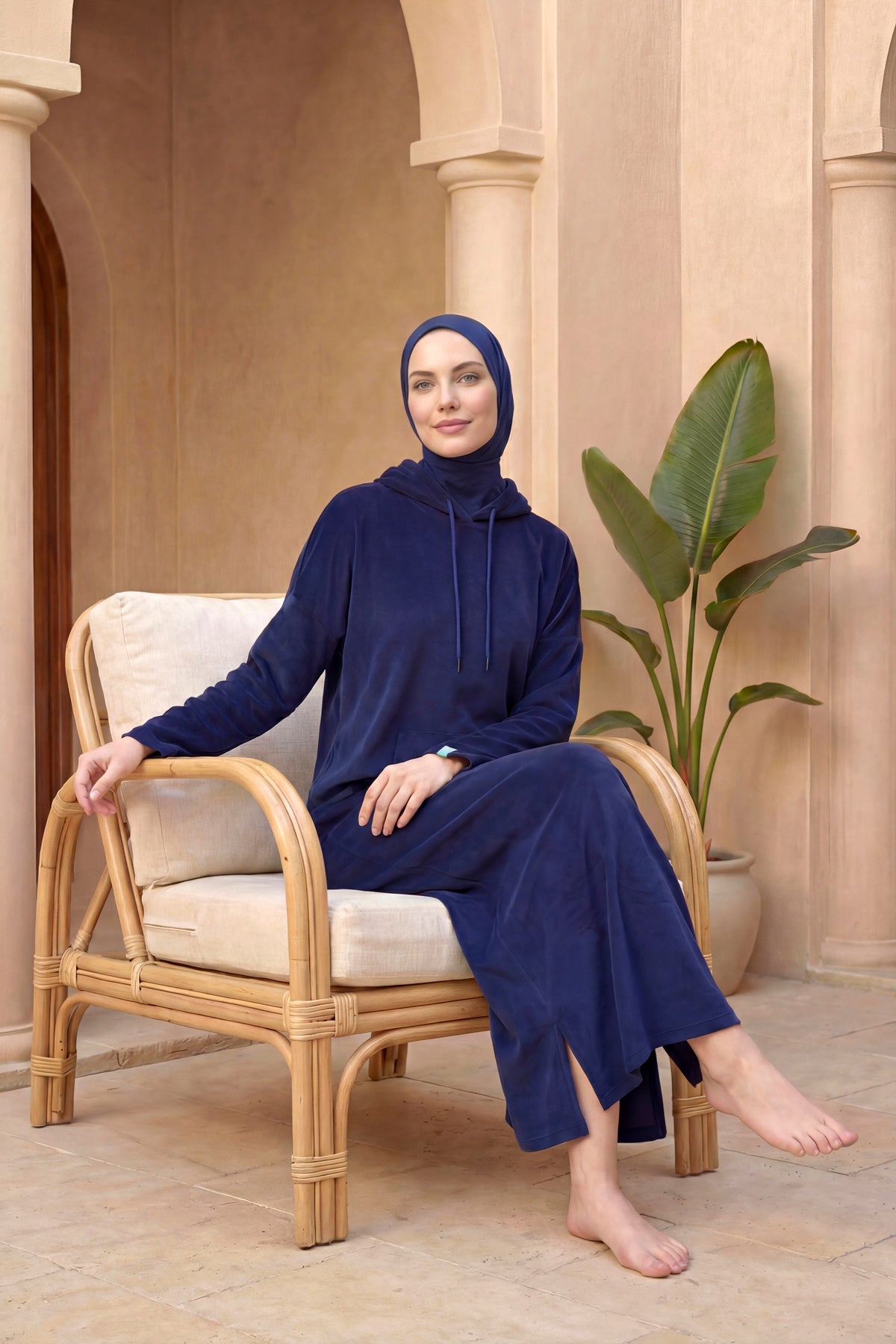 Lacivert Kapüşonlu Havlu Pareo Hızlı Kuruyan, Giyilebilir Tasarım P2602-2
