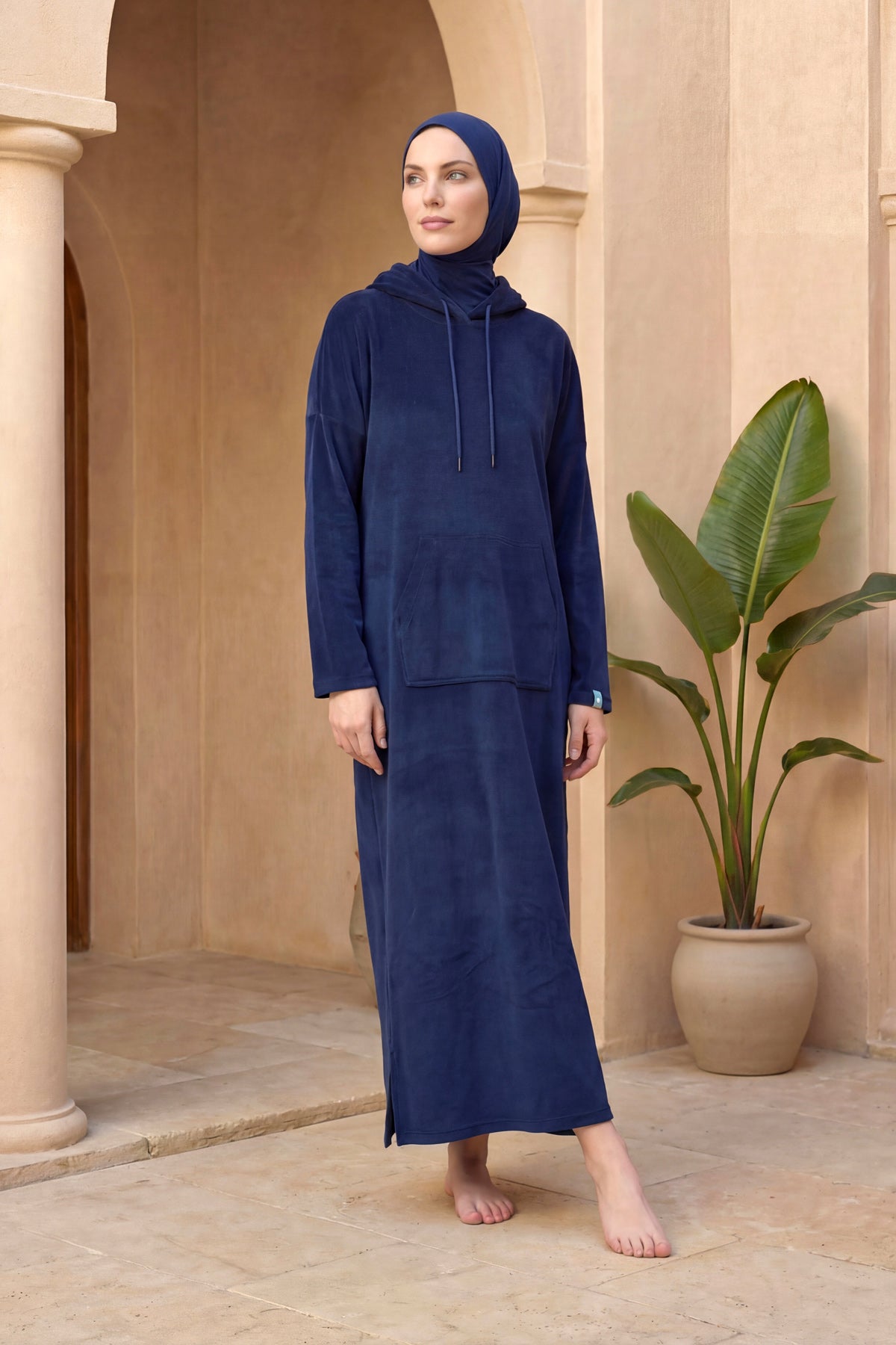 Lacivert Kapüşonlu Havlu Pareo Hızlı Kuruyan, Giyilebilir Tasarım P2602-2