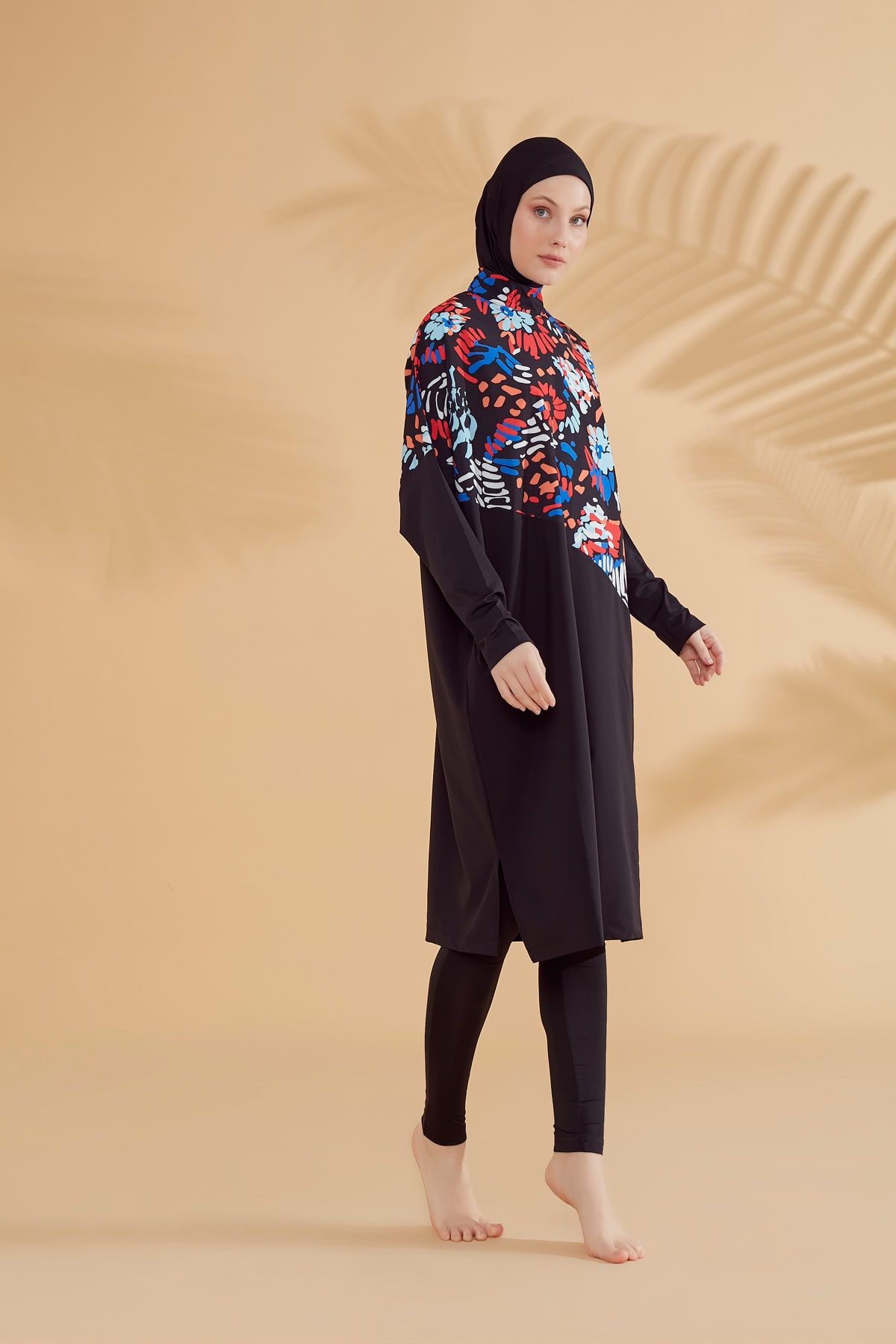 Paraşüt Çiçekli Siyah Tam Kapalı Tesettür Mayo M2313