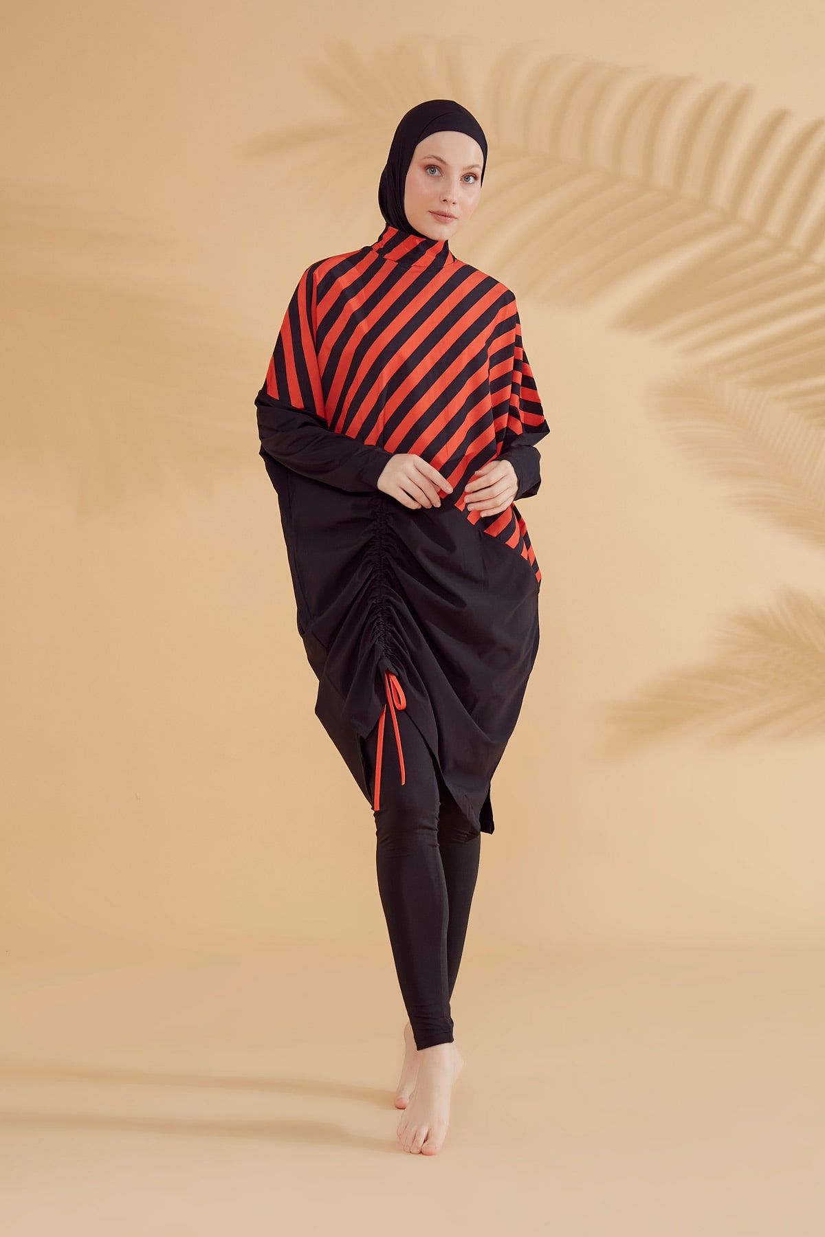 Paraşüt Çizgili Siyah Tam Kapalı Tesettür Mayo M2307