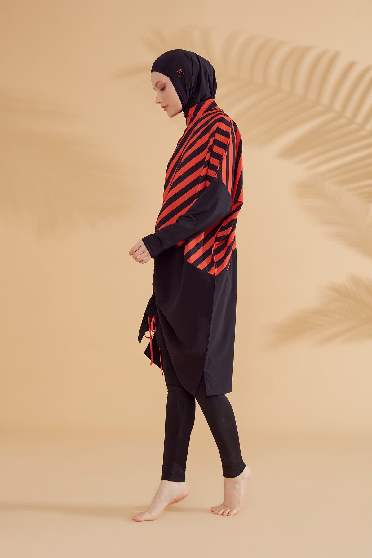 Paraşüt Çizgili Siyah Tam Kapalı Tesettür Mayo M2307