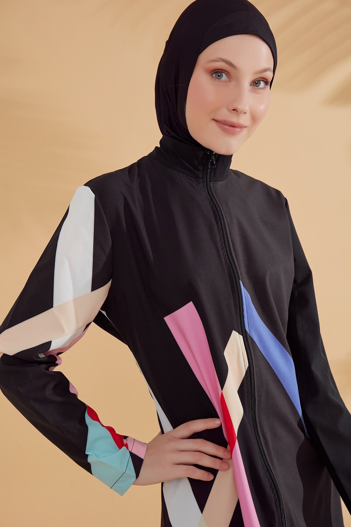 Paraşüt Geometrik Siyah Tam Kapalı Tesettür Mayo M2310