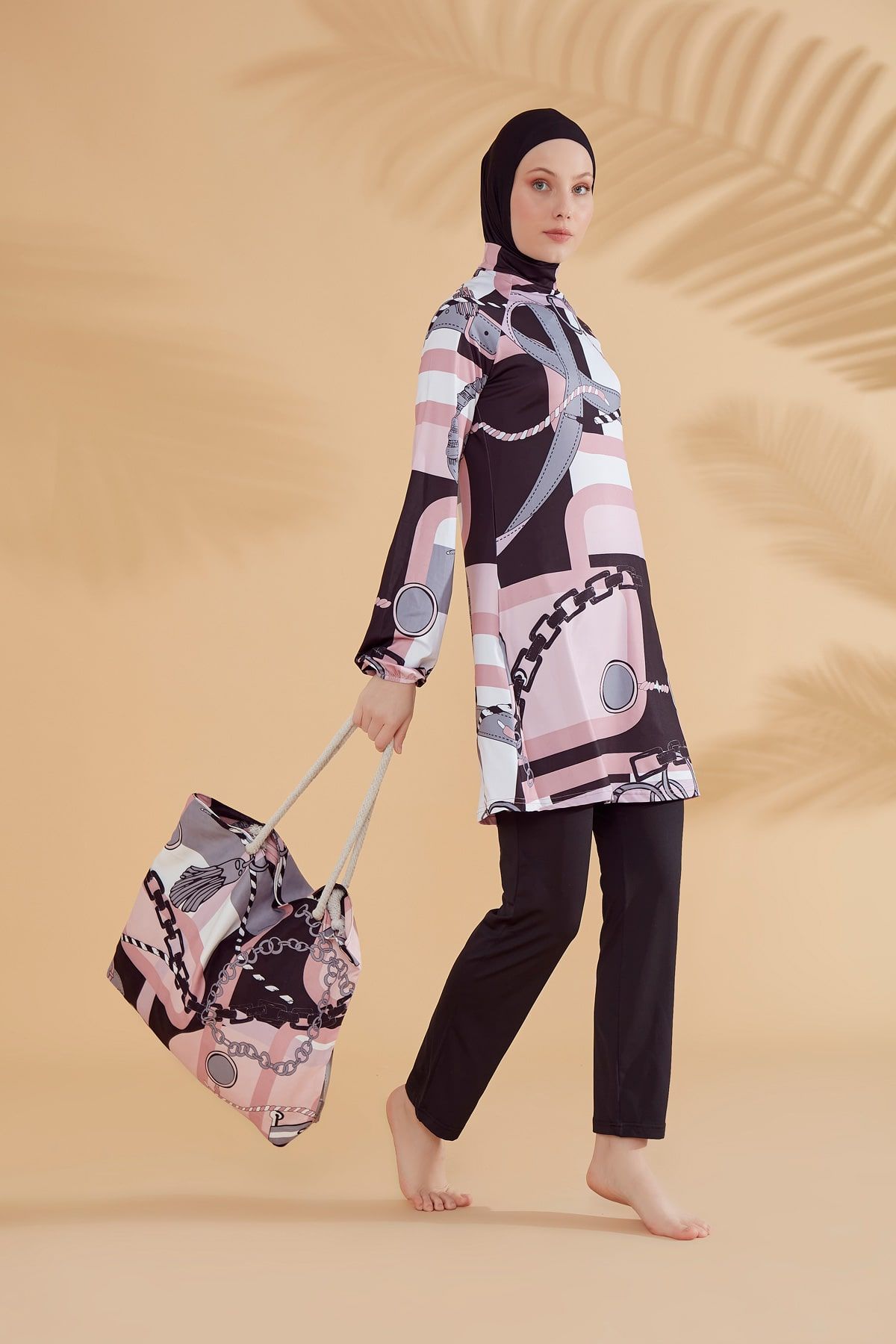 Zincir Desenli Siyah Tam Kapalı Tesettür Mayo M2315-1